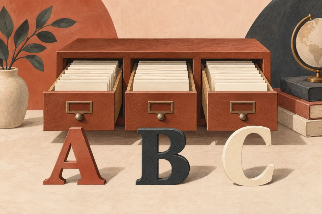 Illustration av tre kataloglådor och bokstäverna A, B och C